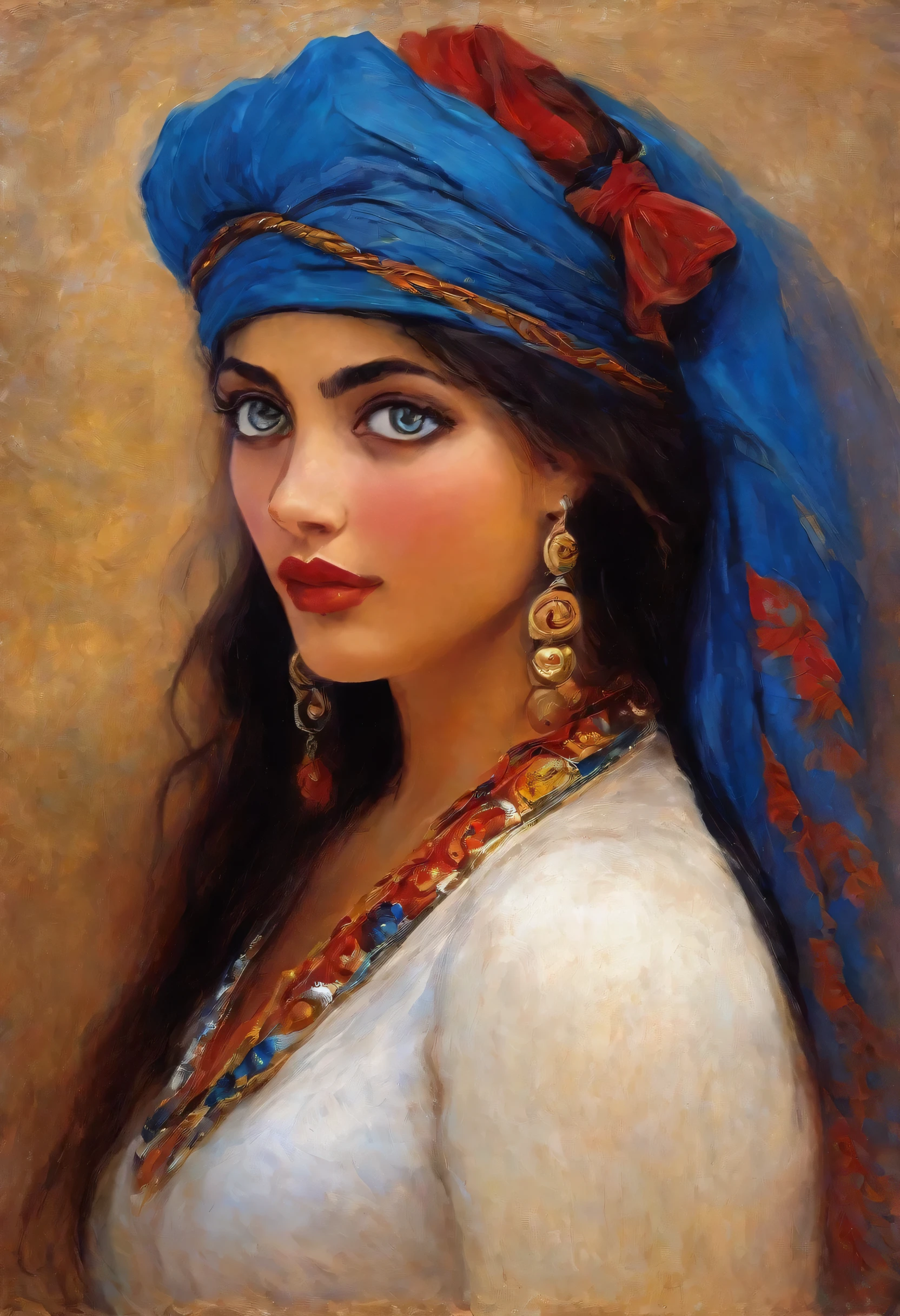 An oil painting of a beautiful gypsy princess, com roupas ricas vermelha-dourada-azul, rica, com olhos perfeitos, retrato, num campo, the art style is influenced by Renoir, Van Gogh, Chirico, and Leonardo da Vinci, resulting in a masterpiece that captures the beauty of the scene.