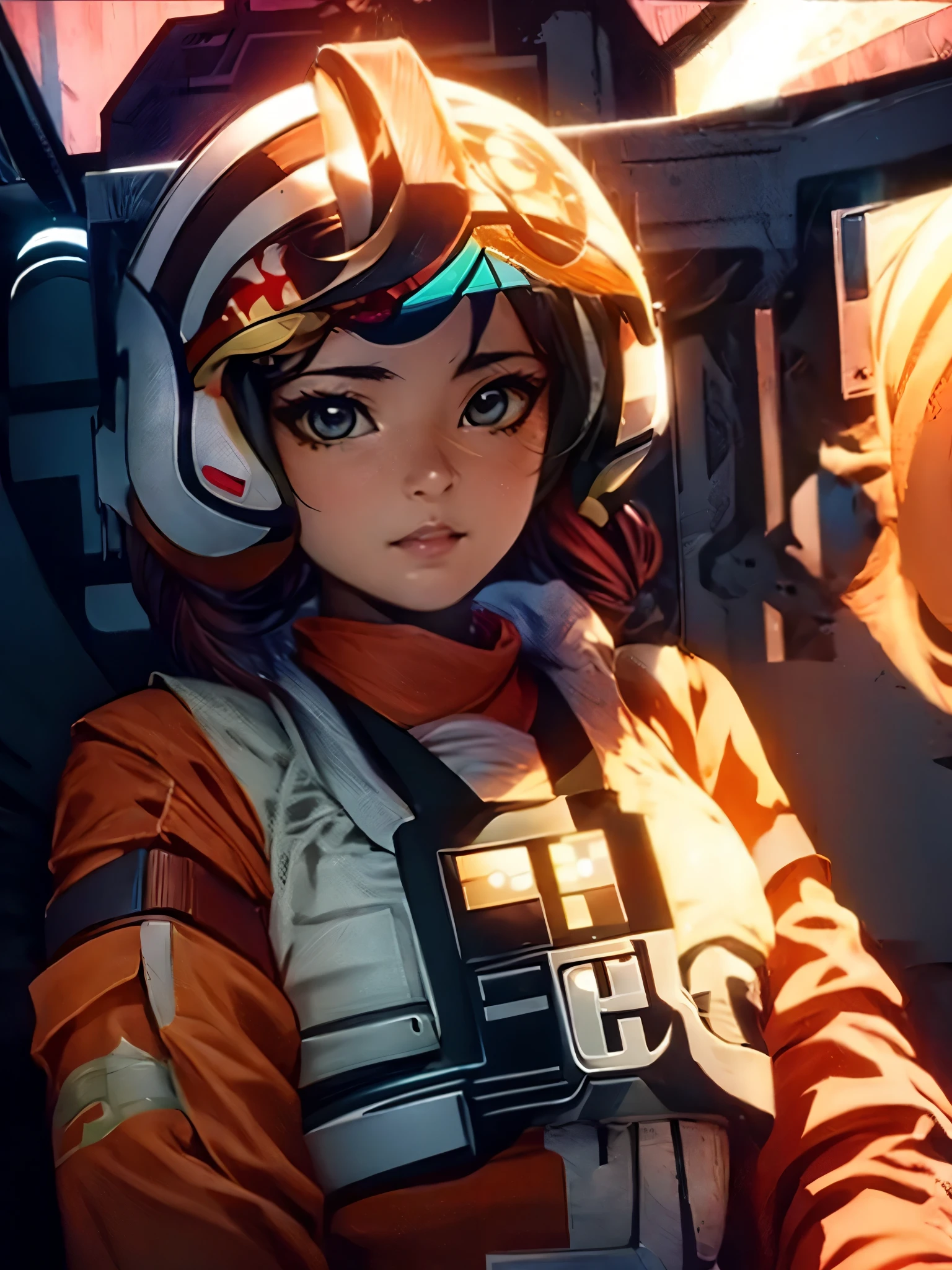 sunsethuman, female, rebel pilot suit, cockpit view