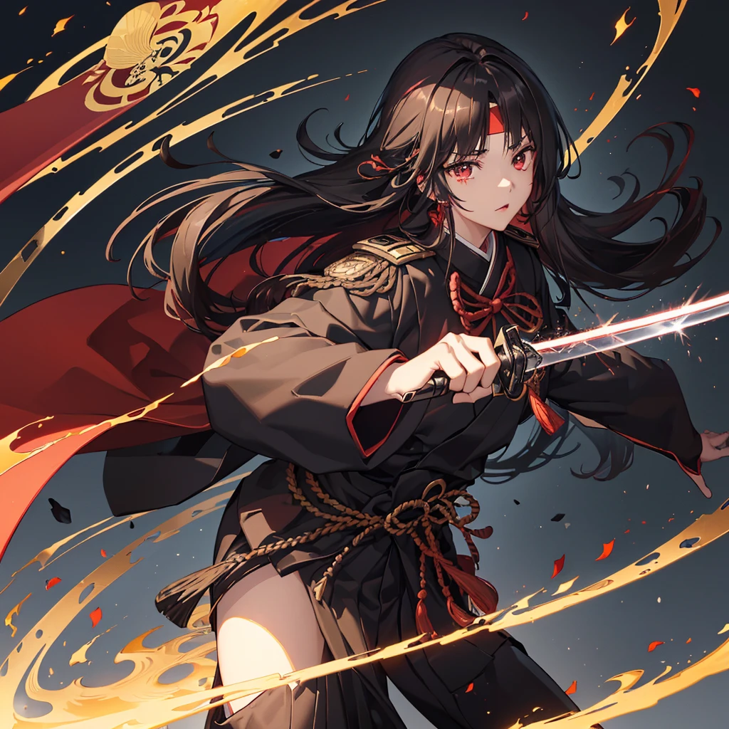 ((blackい髪　Long Hair　black　Military commander　one person　Lonely　Red Flag　Eye patch))　((night　Japanese style　old　Shining Aura))　(Dance　Flame Blade　Shining Japan sword　Draw your sword)　moon　star　Draw your sword　Slashing　Catch the wind　print　Tense face