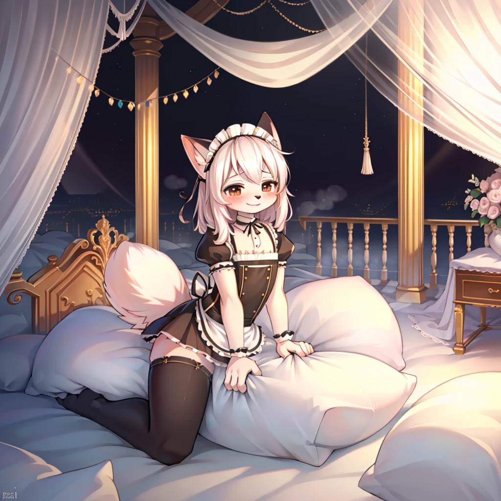 （masterpiece，best quality），my own, The Beast, , (Light and shadow suitable for any pillow background））, 穿着Maid costume的可爱女孩在枕头上摆姿势, Maid costume，White，Nature,, (blush),a smile，Pillow Head,（Lots of pillows），Soft cushion，（canopy bed），Soft pillow quotation，（Pillow damage），Lots of pillows，（Crotch rubbing），（（Pillow Hump）），（Pillow Head），（A tail），，（Pink pillow），（Love around the protagonist），Steam，（Pillow Head），（），（Luxury pillows），（Palace pillow pattern pillow），（palace），（Palace bedroom），（Gorgeous pattern pillow），Soft pillows，，（Classical European style bedroom ），（excited，shy person，Lack of expressiveness，），，pillow humping,averi，fox girl