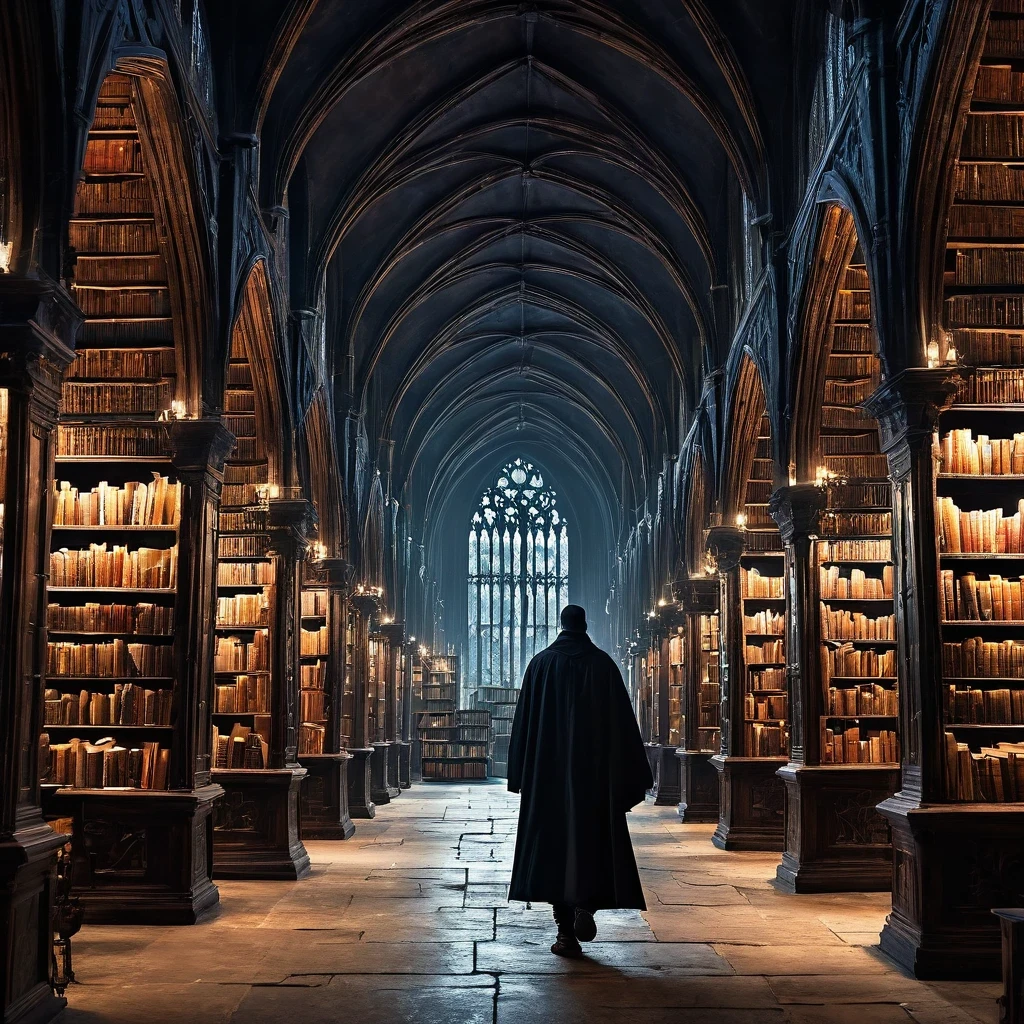 there is a picture of a book store with a man walking through it, gothic epic library concept, gothic epic library, gothic library, library of ruina concept art, ancient library, books cave, magic library, an eternal library, gloomy library, dusty library, alchemist library background, borne space library artwork, vast library, castle library, dark library, endless books