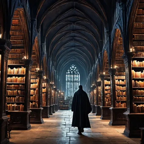 there is a picture of a book store with a man walking through it, gothic epic library concept, gothic epic library, gothic libra...