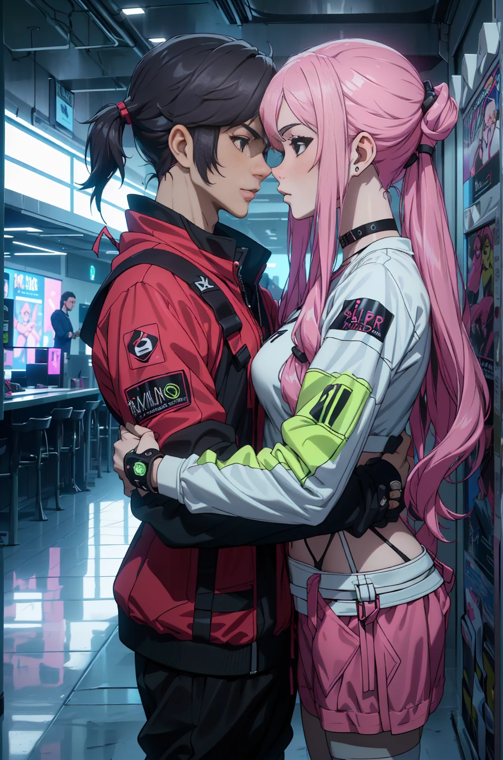 ((Best Quality)), ((Masterpiece)), (hyper detailed:1.3),8k, 3D,HD, beautiful (cyberpunk:1.3) ((heterosexual couple, hugged face to face, lovers:1.5)) with wavy and voluminous hair in modern style:1.5)), (( (futuristic movie style backdrop)))