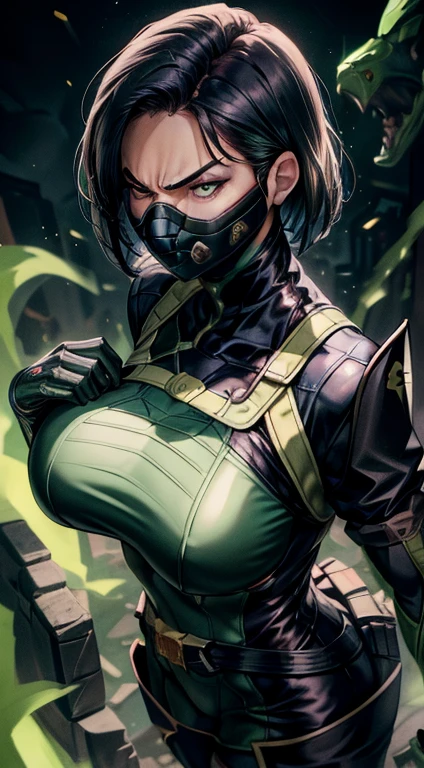 Masterpiece, Best quality, 《Fearless viper》, tightsuit, mitts, belt, thigh boots, respirator, view the viewer, face, Portrait, Close-up, Glowing eyes, green smoke, Black background,huge tit，Raised chest，Close-up of chest，chest focus，Woman in a swimsuit，angry look，Extremely erotic figure，Staring angrily at the screen，Facing the screen