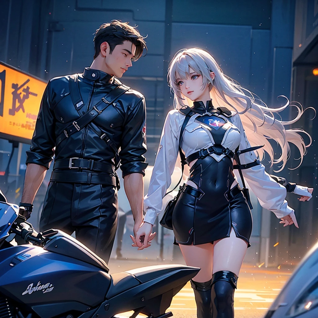 highest quality、Masterpiece、Official Art、16K、The best composition、The best light source、Super detailed、super beautiful、Super detailedな目、A couple of men and women riding a futuristic motorcycle are looking at each other happily