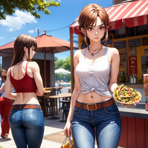 A bare-chested woman with brown hair and a tank top is eating a tlayuda at a taco stand　Jeans have a belt　　　With side slits　Big ...
