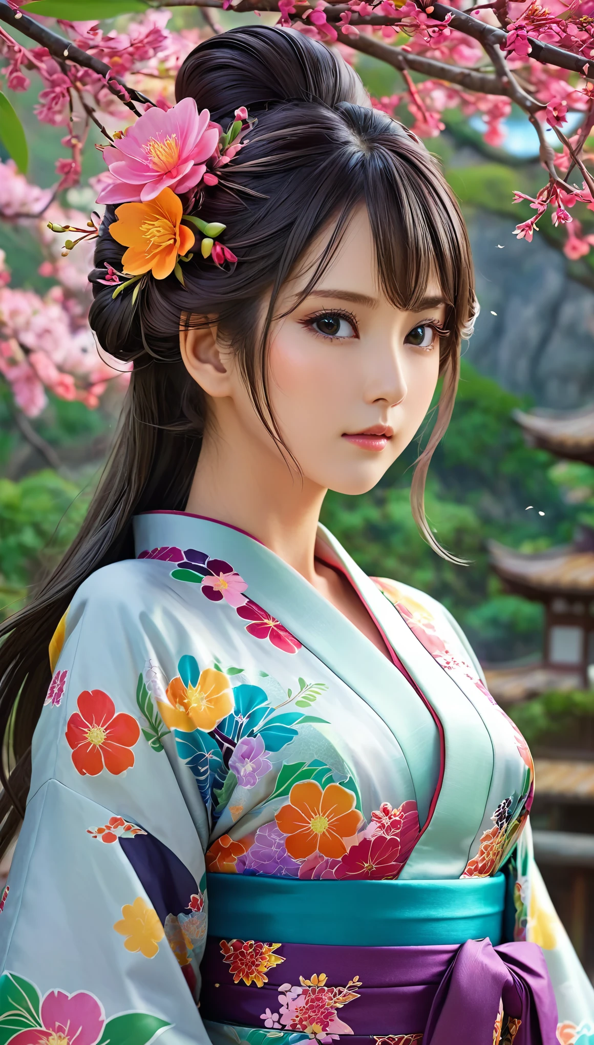 Enchanting anime girls decorate the scene、Her long hair was tangled with bright flowers、A magnificent view reminiscent of a flowering garden unfolds before your eyes.。Dressed in elegant and sophisticated kimono、The delicate features are emphasized、Every curve and line is meticulously crafted with highly detailed, anime-style, 4K digital art.。ArtStation Pixiv&#39;s art by Gu Weizi has a fascinating charm that can only be expressed by the artist.、It&#39;s an exquisite masterpiece。The artwork is、A unique mix of realistic and abstract elements、Create breathtakingly beautiful anime portraits。