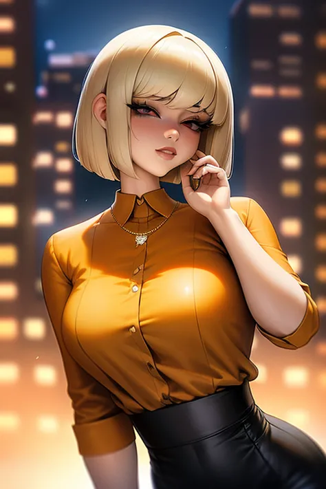 Curled bob cut, platinum hair woman in orange collared shirt posing to take photo in city, 8K artgerm Bokeh, well-proportioned b...