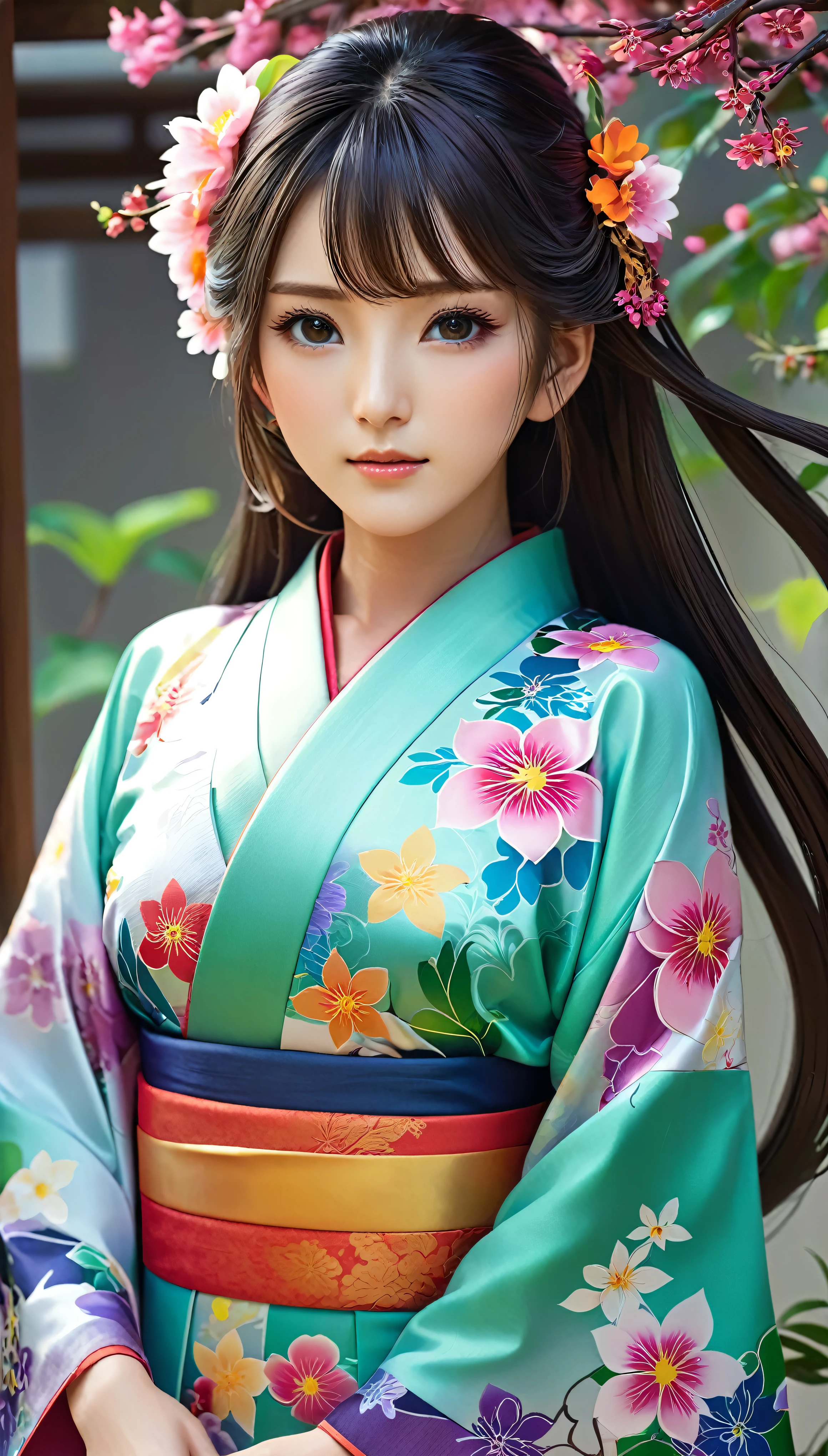 Enchanting anime girls decorate the scene、Her long hair was tangled with bright flowers、A magnificent view reminiscent of a flowering garden unfolds before your eyes.。Dressed in elegant and sophisticated kimono、The delicate features are emphasized、Every curve and line is meticulously crafted with highly detailed, anime-style, 4K digital art.。ArtStation Pixiv&#39;s art by Gu Weizi has a fascinating charm that can only be expressed by the artist.、It&#39;s an exquisite masterpiece。The artwork is、A unique mix of realistic and abstract elements、Create breathtakingly beautiful anime portraits。