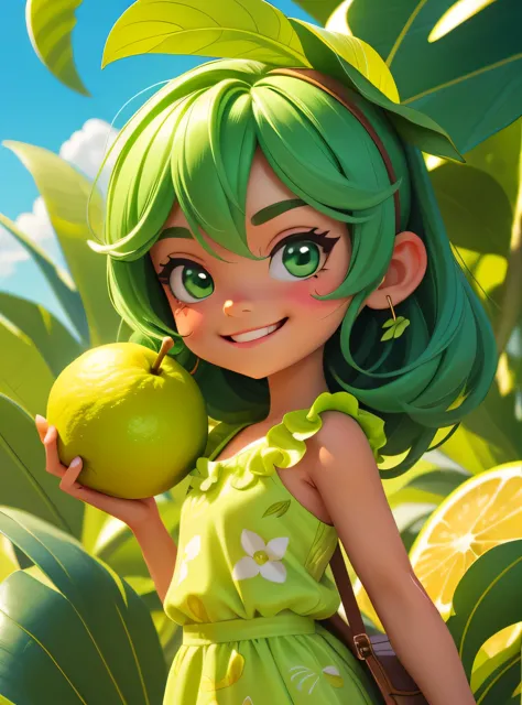 A smiling lime with cute leaves and a friendly expression sticker, with a tahitian lemon fruit in hand :: Frutado e gentil :: Li...