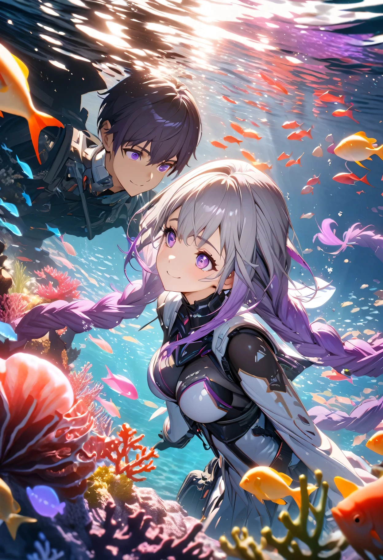 masterpiece, best quality, (Very detailed CG Unity 8k wallpaper), (best quality), (Best Illustration), (Best shadow), Ocean theme with natural elements,  (A couple, beautiful girl and boy), Big watery eyes, Look at each other, purple hair,purple eyes,very long hair,grey hair,double braid,gradient hair, Smile, Beautiful Face,Glowing jellyfish, Surrounded by fish, Luminous Particle Effects,Marine plants, Glowing algae, coral, (Particle Effects), Octane Rendering, Ray Tracing, Super detailed