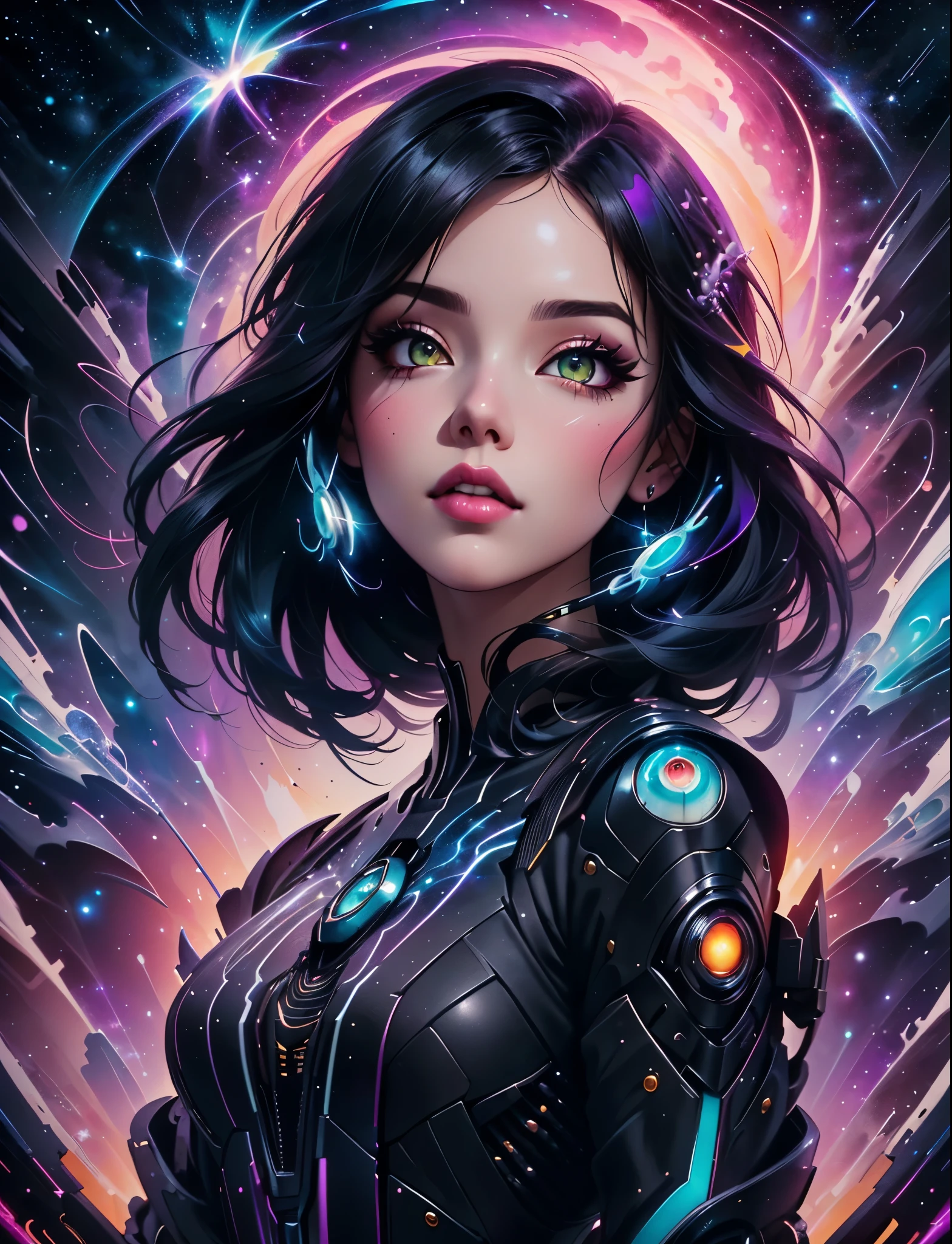 a woman with a black hair and a black top is standing in front of a galaxy, beeple and jeremiah ketner, artgerm julie bell beeple, neoartcore and charlie bowater, jen bartel, greg beeple, stunning digital illustration, alice x. zhang, artgerm jsc, rossdraws cartoon vibrant