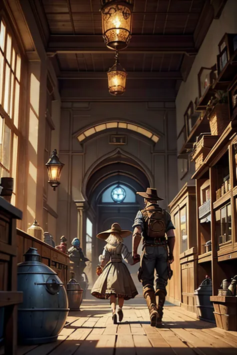 blurred image of a man and a woman walking in front of a group of robots, fantasia grimdark steampunk, ps 4 in cinematic game, c...