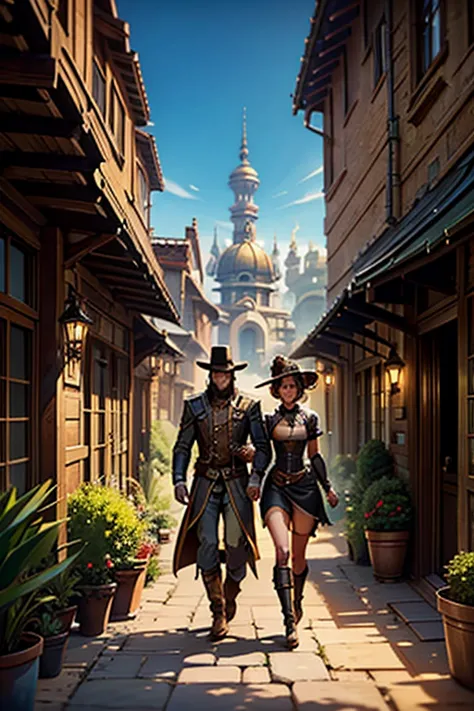 blurred image of a man and a woman walking in front of a group of robots, fantasia grimdark steampunk, ps 4 in cinematic game, c...