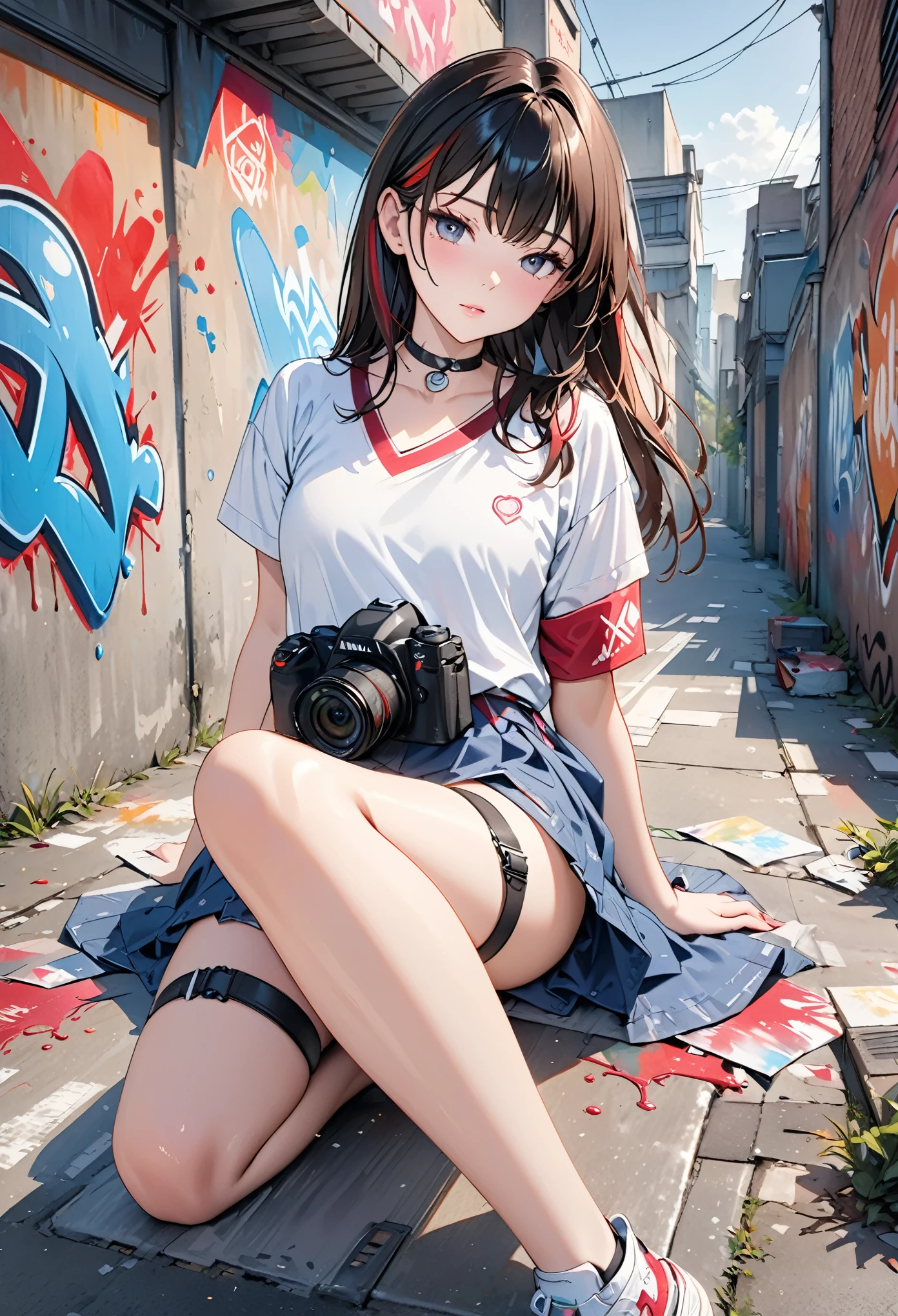 (masterpiece) 1girl,portrait,(8k, RAW photo, best quality, ultra high res, photorealistic, ultra-detailed),legs wide,kneeling,missionary,camera low,camera close,best quality,1girl,solo,streaked hair,choker,(graffiti:1.25),paint splatter,arms on hips,leaning back,looking at camera,armband,thigh strap,streaked hair,head down,head tilt,tight,thin,small,perfect face,ninym ralei,