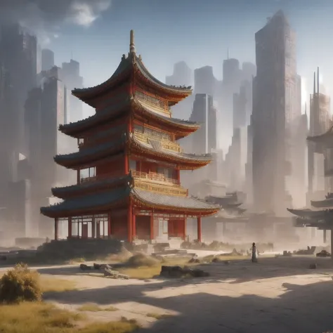 buildings in a city with a pagoda in the middle of the city, cyberpunk chinese ancient castle, stylized urban fantasy artwork, d...