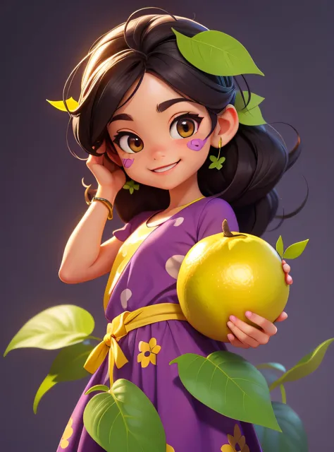 A smiling passion fruit with cute leaves and a friendly expression sticker :: Frutado e gentil :: Purple and yellow colors with ...