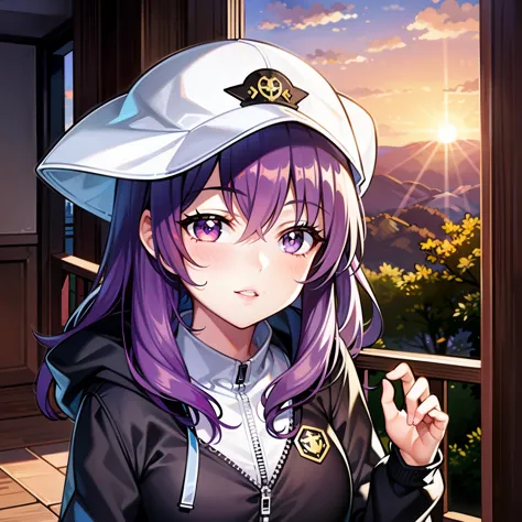 ((1girl, solo)), purple hair, long hair, purple eyes, grey, +_+, long sleeves, smile, (((parted lips))), hood down, (badge on ha...