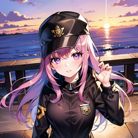 ((1girl, solo)), purple hair, long hair, purple eyes, grey, +_+, long sleeves, smile, (((parted lips))), hood down, (badge on ha...