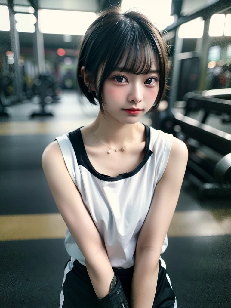 超高品質, 高解像度であり, 8K, ((最高品質:1.5))、(傑作:1.4)、RAW写真、8K，、現実的、写実的な、((最高の画質))、 ((高解像度))、現実的 human skin、「((皮膚の毛穴まで再現1.8))」，「((毛穴が見えるほど透明))」,((皮膚のへこみ)) ,((皮膚の傷)),((皮膚の毛穴))，(一人の女の子:1.3 )，女の子1人, (かわいい日本の女の子)、(非常に短い髪:1.4)、10歳, ((()))，(ボーイッシュ)、((マニッシュ))、((若い体型))，平均的な体型， ((太ももに少し毛が生えています))，,((すね毛が生え始めている.)),((腕に少し毛が生えている))，脇の下に少し毛が生えています，((ジムの服を着ています))