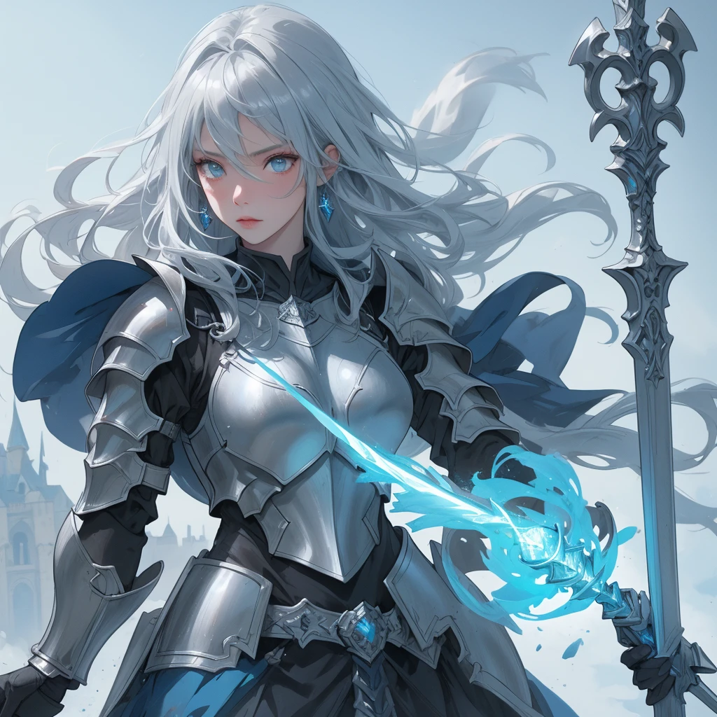 (best quality, high quality) (full body) A knight in dark armor stands in a position that exudes strength outside of a castle. The intricate armor is adorned with gold details and emits a light blue aura. The knight wears a matching crown, and their silver hair flows in the wind. Their face is strikingly beautiful, with piercing yellow eyes that draw attention. The knight holds an ornate spear, The scene is lit with realistic illumination, enhancing the details and atmosphere.