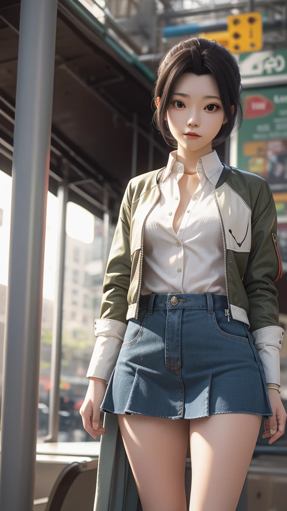 There is a woman in a short skirt and jacket posing for a photo, Surrealist schoolgirl, Surrealist , Practical , Realistic anime girl rendering, Small curve , stockings and skirt, 3D animation realistic, Highly detailed shots of the giantess, Realistic animation, Realistic full body, [ 4K Reality ]!!