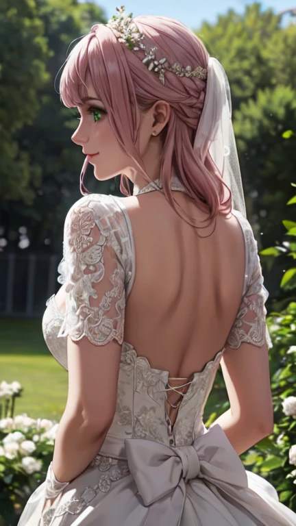 (masterpiece, highest quality, beautifully、aesthetic:1.3), Upper Body, Looking Back, View Viewer, One girl, alone, A light smile, (compensate, Long Hair, pink hair, green Eyes:1.2), Ruani 0256, Bridal Veil, lace trim dress, See through, Wedding dress, Outdoor, White Rose, garden, morning, Are standing, Very detailed, 