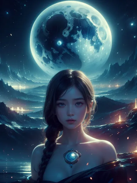 (high quality), (masterpiece), (detailed), 8k, surrealistic depiction of futurism (1 girl 1.2), japanese characters in a moon-th...