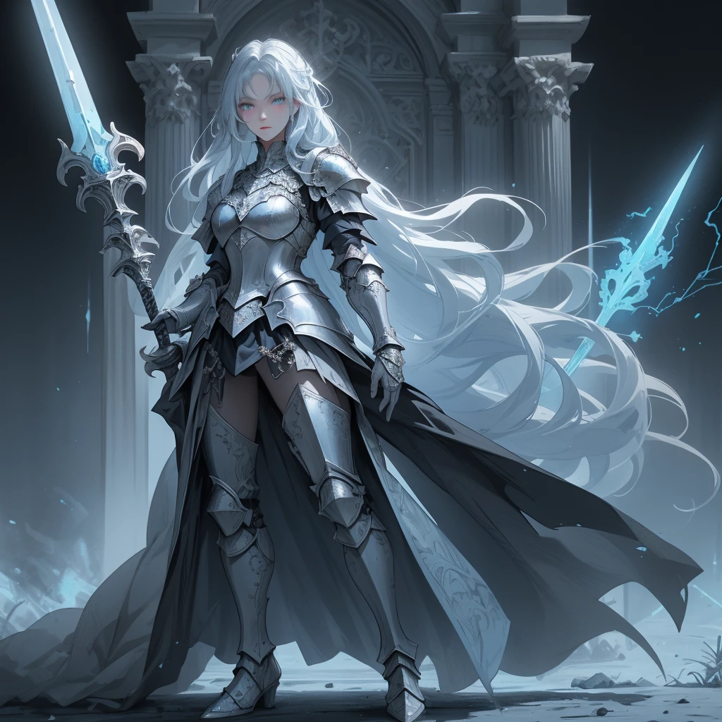 (best quality, high quality) (full body) A knight in black armor stands in a position that exudes strength outside of a castle. The intricate armor is adorned with silver details and emits a light blue aura. The knight holds an ornate spear, its tip glowing with blue energy. The scene is lit with realistic illumination, enhancing the details and atmosphere.
