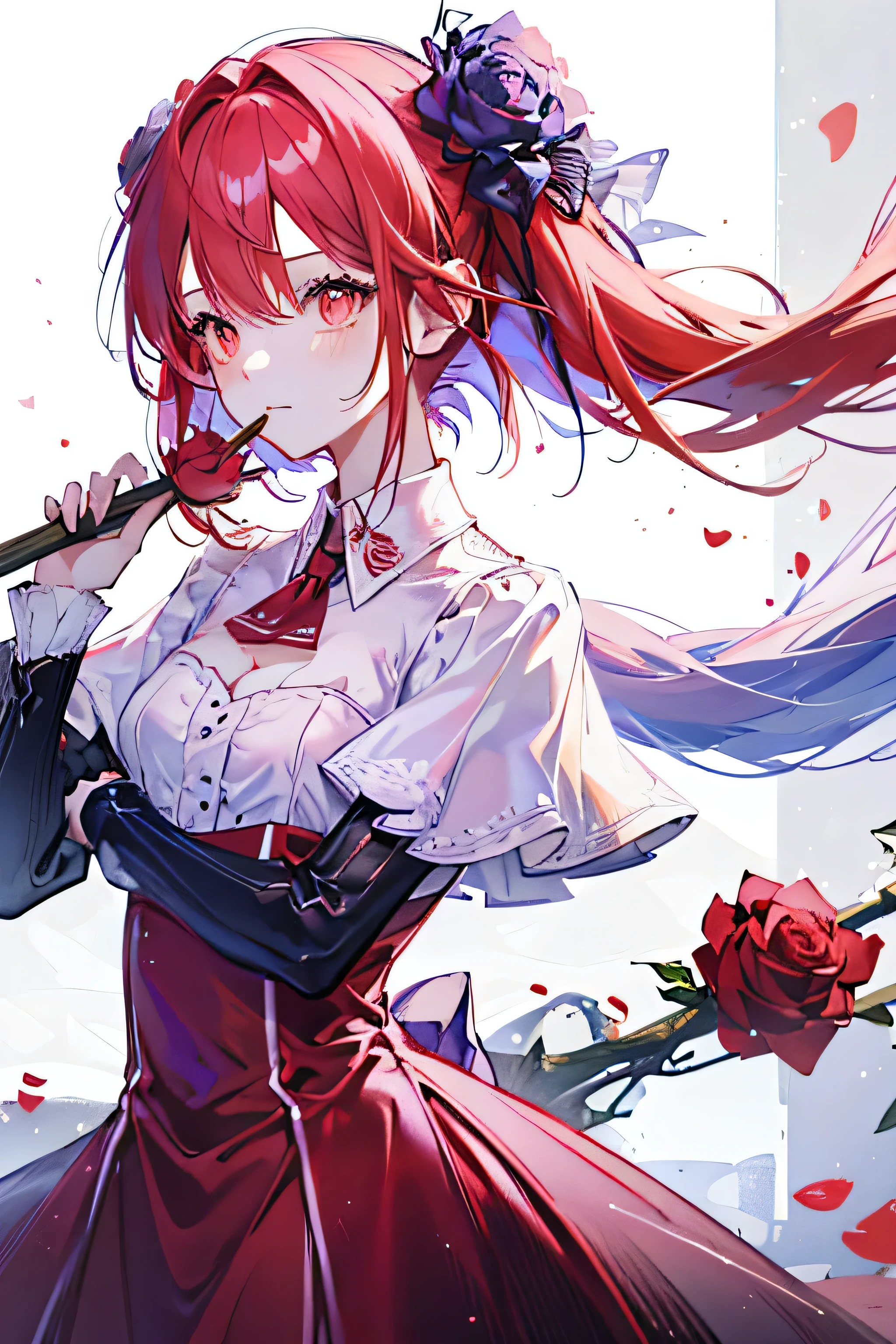 (höchste Qualität, Meisterwerk), (1 Mädchen, allein, rotes Kleid, Stehen , Rote Haare, rote Augen, Eine Rose halten, geschlossener Mund, Oberkörper), (lila Rose Blume)