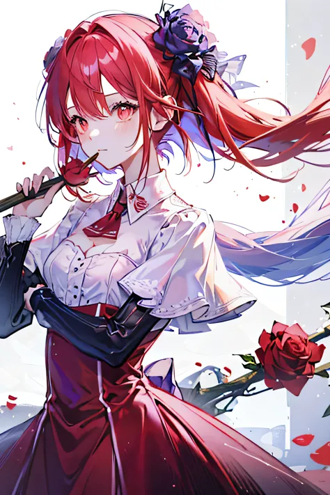 (highest quality, masterpiece), (1 girl, alone, red dress, Are standing , Red hair, red eyes, holding a rose, closed mouth, Uppe...
