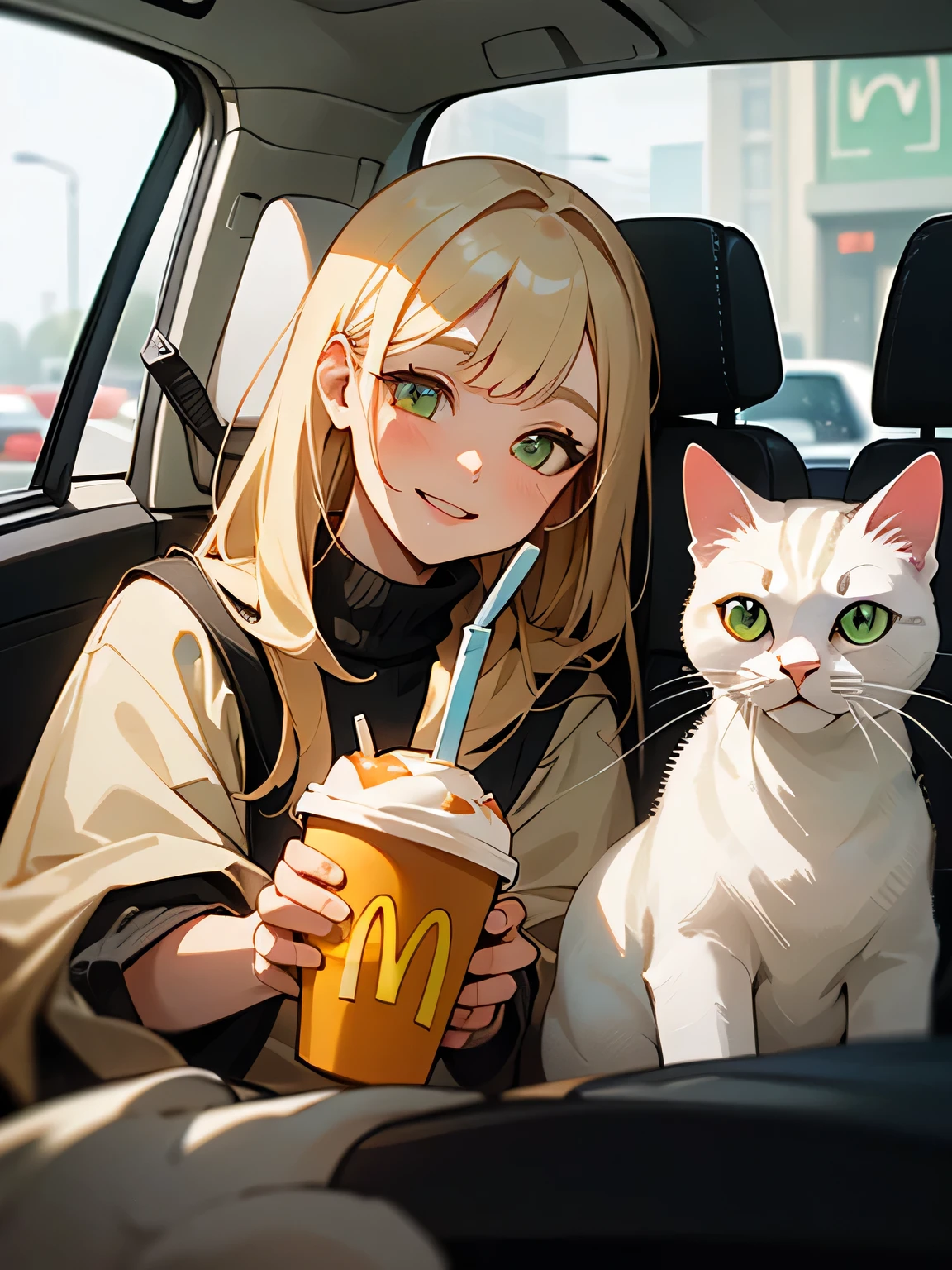 Anime girl with a drink and a cat in a car - SeaArt AI