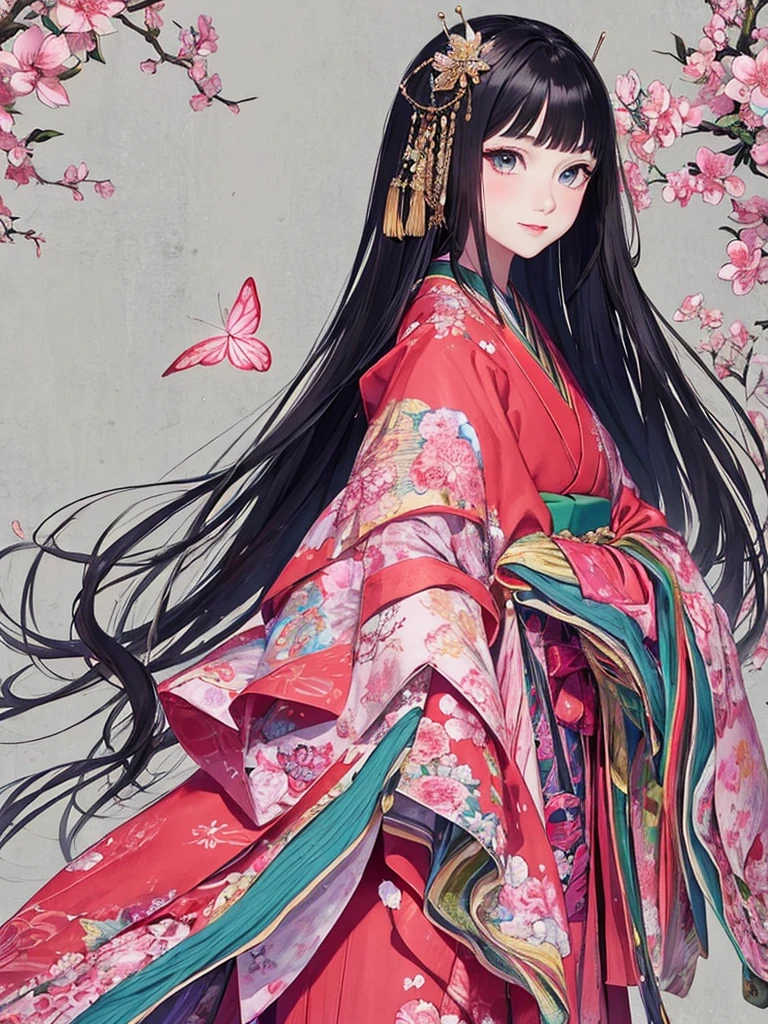 juunihitoe，(masterpiece, highest quality, highest quality，aesthetics:1.2)，From the side，Esbian all over，1300 years ago，Japan_Heian period，noble，１Beautiful Princess，Beautiful Eyes，Clear skin，A little smile，(Straight Hair　Long beautiful black hair　wealthy)，(kimono　Gentle pink hue　The beauty of layered colors)，Silk luster，Layered collar，Wide sleeves，Long hakama hem，dream-like，Elegant，highest quality，Beautiful graphics, Ultra Detail，butterfly，Fresh，The background is minimal，Image of a transparent robe，melt，Beyond eternity