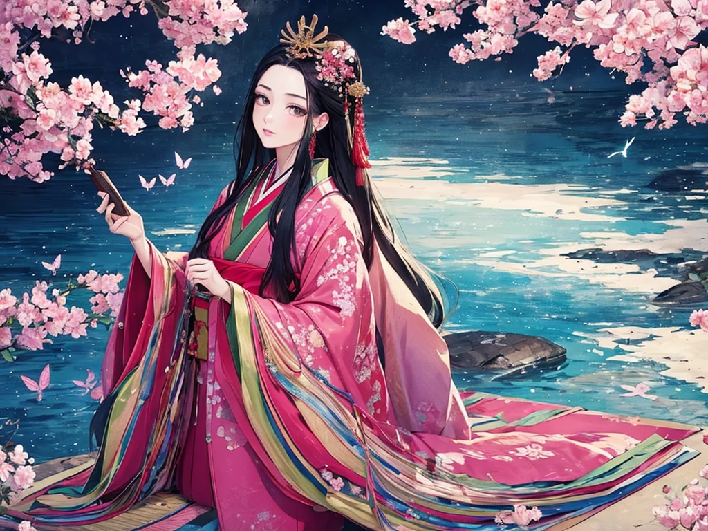 юунихитоэ，(шедевр, высшее качество, высшее качество，эстетика:1.2)，со стороны，Эсбиан повсюду，1300 лет назад，Япония_Период Хэйан，благородный，１красивая принцесса，Красивые глаза，Чистая кожа，(прямые волосы　длинные красивые черные волосы　богатый)，(кимоно　Нежный розовый оттенок　Красота многослойных цветов)，Шелковый блеск，Многослойный воротник，широкие рукава，Длинный подол хакама，сказочный，элегантный，высшее качество，красивая графика, ультра детализация，бабочка，свежий，Фон минимальный.，Изображение прозрачного халата，таять，Свет утреннего тумана