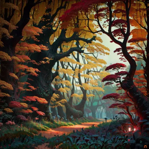 Bosque oscuro en el que se resaltan unos rayos de luz callendo a unos hongos rojos y juntos a ellos un campo lleno de flores roj...