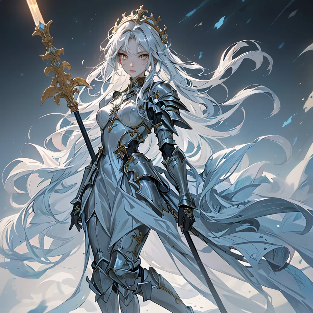 (best quality, high quality) (full body) A knight in dark armor stands in a position that exudes strength outside of a castle. The intricate armor is adorned with gold details and emits a light blue aura. The knight wears a matching crown, and their silver hair flows in the wind. Their face is strikingly beautiful, with piercing yellow eyes that draw attention. The knight holds an ornate spear, The scene is lit with realistic illumination, enhancing the details and atmosphere.
