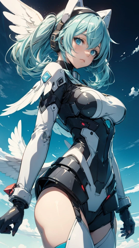 hatunemiku VOCALOID, twin tails, light blue eyes, light blue hair, huge breasts, Angel wing, mecha girl,