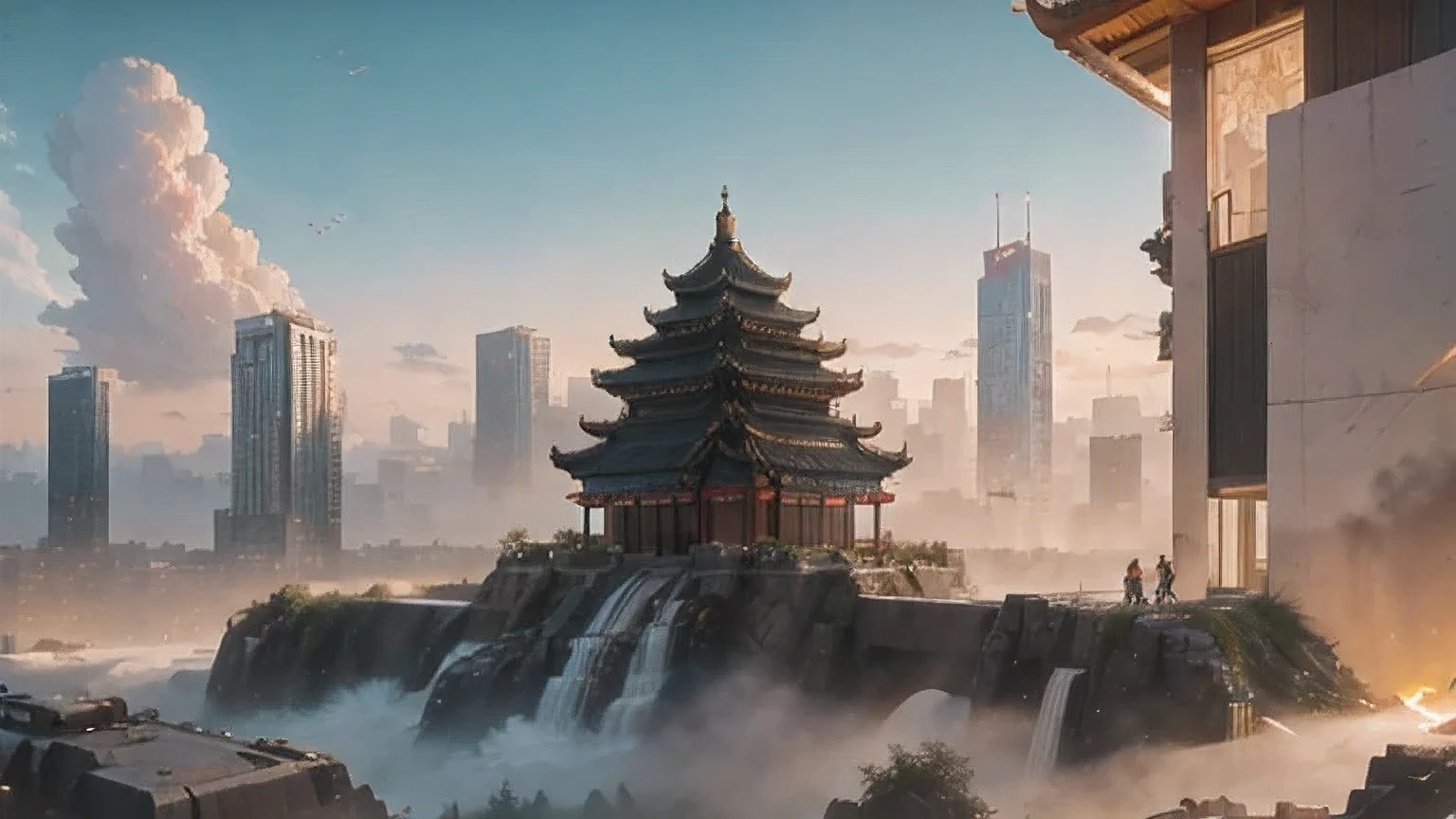 Gebäude in einer Stadt mit einer Pagode in der Mitte der Stadt, cyberpunk chinese ancient castle, stilisiertes Urban-Fantasy-Kunstwerk, verträumte chinesische Stadt, Konzeptkunst ， hoch gerendert, Spielkunst Matte Painting, Matte-Malerei 4k 8k, filmisch. von leng jun, in einer tropischen und dystopischen Stadt, 8k Matte Painting, 8k Matte Painting，（（（cyberpunk）））