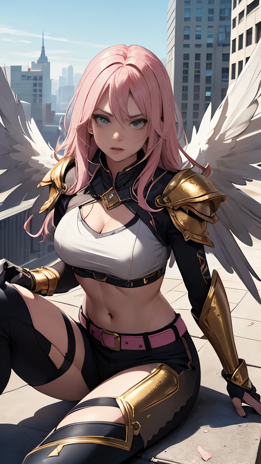 (Highly quality, masterpiece, detailed), Destroyed city detailed scenario, destroyed city detailed background, 20 years old girl, solo, angry, hero suit, straight hair, white and pink hair, Gold belt, gold wristband, Gold Shoulder pad, gold breast plates, 1girl, pink wings, sitting on top of a building, crop top, Abdomen, Navel, beautiful eyes, perfect eyes, looking at the viewer, Sexy pose