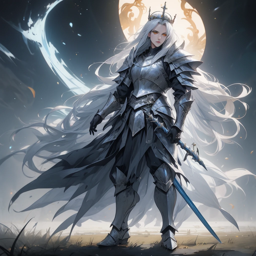 (best quality, high quality) (full body) A knight in dark armor stands in a position that exudes strength outside of a castle. The intricate armor is adorned with gold details and emits a light blue aura. The knight wears a matching crown, and their silver hair flows in the wind. Their face is strikingly beautiful, with piercing yellow eyes that draw attention. The knight holds an ornate spear, The scene is lit with realistic illumination, enhancing the details and atmosphere.