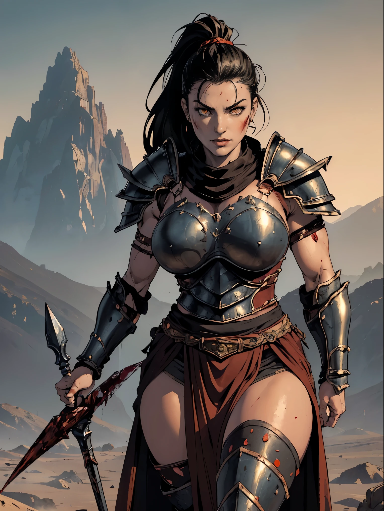 (masterpiece, top quality, best quality, official art, beautiful and aesthetic:1.2), (1girl:1.3), ((Sharp facial features, sharp features, hawkish features)), ((pale skin, orange eyes, big hair, long black hair, ponytail)), big tiddy chaos warrior girl, extremely detailed, portrait, looking at viewer, solo, (full body:0.6), detailed background, full-body shot, (hot desert mountain theme:1.1), chaos warrior, (spiky helmet), charlatan, smirk, mysterious, swaying in mountains, armor, red metal, brass trim, long boots, blood red fabric, pelvic curtain, loincloth, black leather, ((((spear, heavy armor, blood, blood splatter, armored, gigantic breasts, long legs, pelvic curtain, toned, muscular)))), cute belly button, toned tummy, slim waist, slim hips, long legs, medieval (mountain exterior:1.1) background, dark mysterious lighting, shadows, magical atmosphere, dutch angle