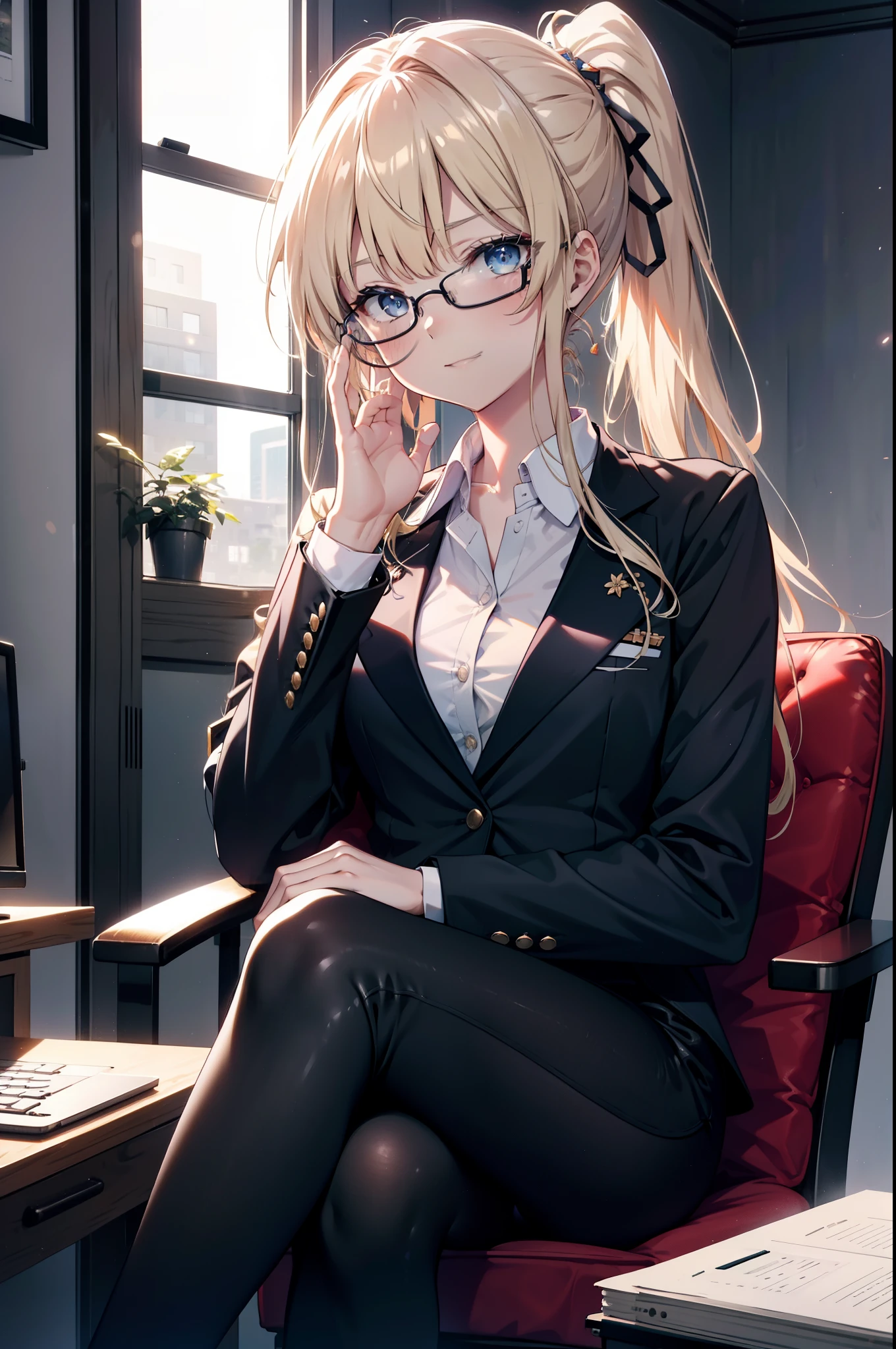 Eliris Penser, eriri sawamura spencer, Blonde Hair, blue eyes, Blunt bangs, hair band, Princess Cut, ponytail long hair, happy smile, smile, Open your mouth,OL, Akagi glasses, Black suit jacket, Collared jacket, White dress shirt, Collared shirt, Neckline, button, Black pencil skirt, Black Pantyhose,Stiletto heels,sit cross-legged on a chair,There is a computer on the table,touch typing,whole bodyがイラストに入るように,sunny,Daytime,
break indoors, オフィス
break looking at viewer, whole body, (Cowboy Shot:1. 5)
break (masterpiece:1.2), highest quality, High resolution, unity 8k wallpaper, (shape:0.8), (Beautiful details:1.6), Highly detailed face, Perfect lighting, Extremely detailed CG, (Perfect hands, Perfect Anatomy),