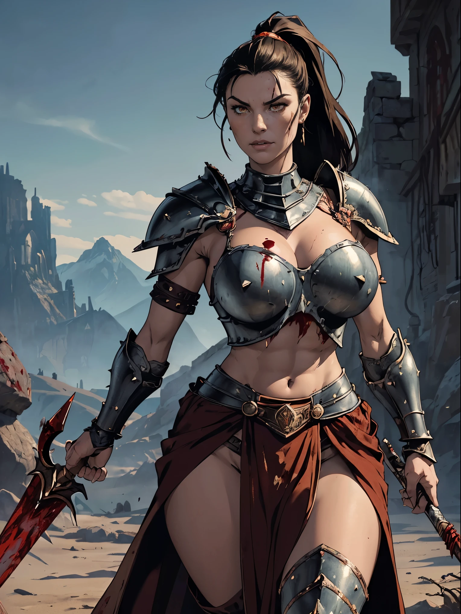 (masterpiece, top quality, best quality, official art, beautiful and aesthetic:1.2), (1girl:1.3), ((Sharp facial features, sharp features, hawkish features)), ((pale skin, orange eyes, big hair, long black hair, ponytail)), big tiddy chaos warrior girl, extremely detailed, portrait, looking at viewer, solo, (full body:0.6), detailed background, full-body shot, (hot desert mountain theme:1.1), chaos warrior, (spiky helmet), charlatan, smirk, mysterious, swaying in mountains, armor, red metal, brass trim, long boots, blood red fabric, pelvic curtain, loincloth, black leather, ((((spear, heavy armor, blood, blood splatter, armored, gigantic breasts, long legs, pelvic curtain, toned, muscular)))), cute belly button, toned tummy, slim waist, slim hips, long legs, medieval (mountain exterior:1.1) background, dark mysterious lighting, shadows, magical atmosphere, dutch angle