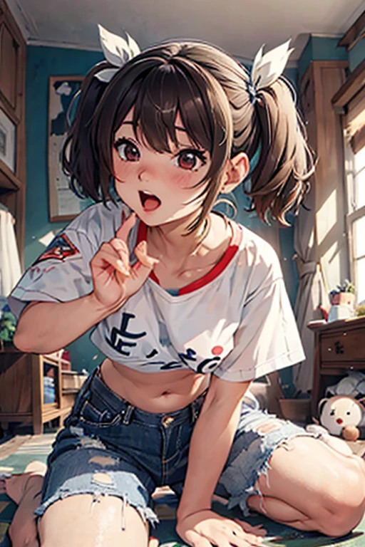 4K, masterpiece, 8k, high quality, 最high quality, in house, In the room, Room Background，Short black hair in twin tails，Blunt bangs，Iris，Very short，Short s, skin tight Short s, Camel Toe，Embarrassing，barefoot，Very small ass，Very thin thighs，small frame，Flat Chest，Short denim shorts，Open Fly，Tsundere，Printed T-shirt，belly button, Accurate and detailed beautiful female fingers,NSFW.