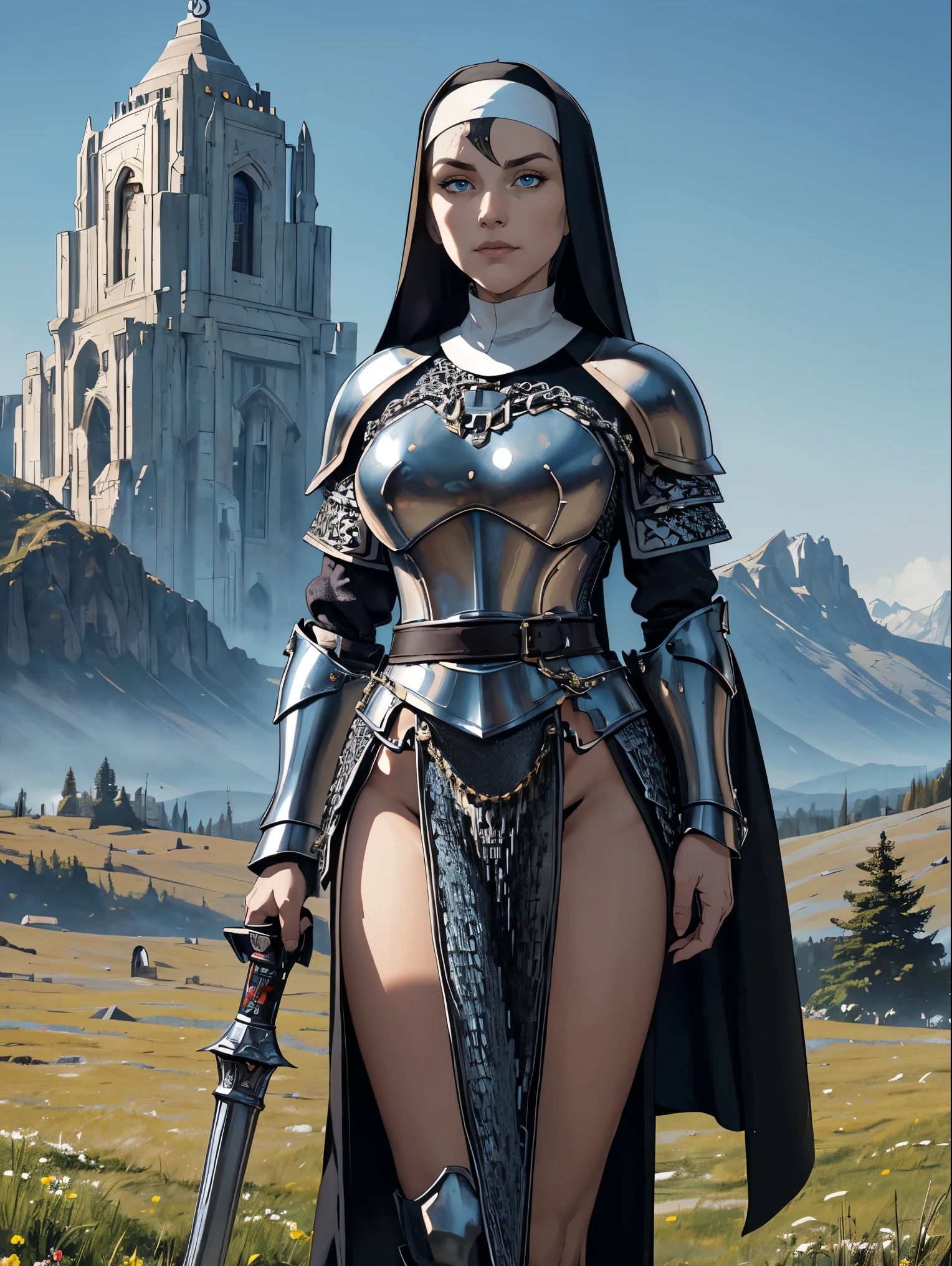 (masterpiece, top quality, best quality, official art, beautiful and aesthetic:1.2), (1girl:1.3), ((Sharp facial features, sharp features, hawkish features)), ((blue eyes)), busty paladin knight girl, extremely detailed, portrait, looking at viewer, solo, (full body:0.6), detailed background, full-body shot, (warm mountain meadow theme:1.1), holy knight, (nun), charlatan, smirk, mysterious, swaying in mountains, armor, polished metal, gold trim, long boots, white fabric, pelvic curtain, robe, pale leather, ((((nun, holy aura, mace, heavy armor, armored, long legs, pelvic curtain, toned, muscular, chainmail)))), slim waist, slim hips, long legs, medieval (mountain exterior:1.1) background, dark mysterious lighting, shadows, magical atmosphere, dutch angle