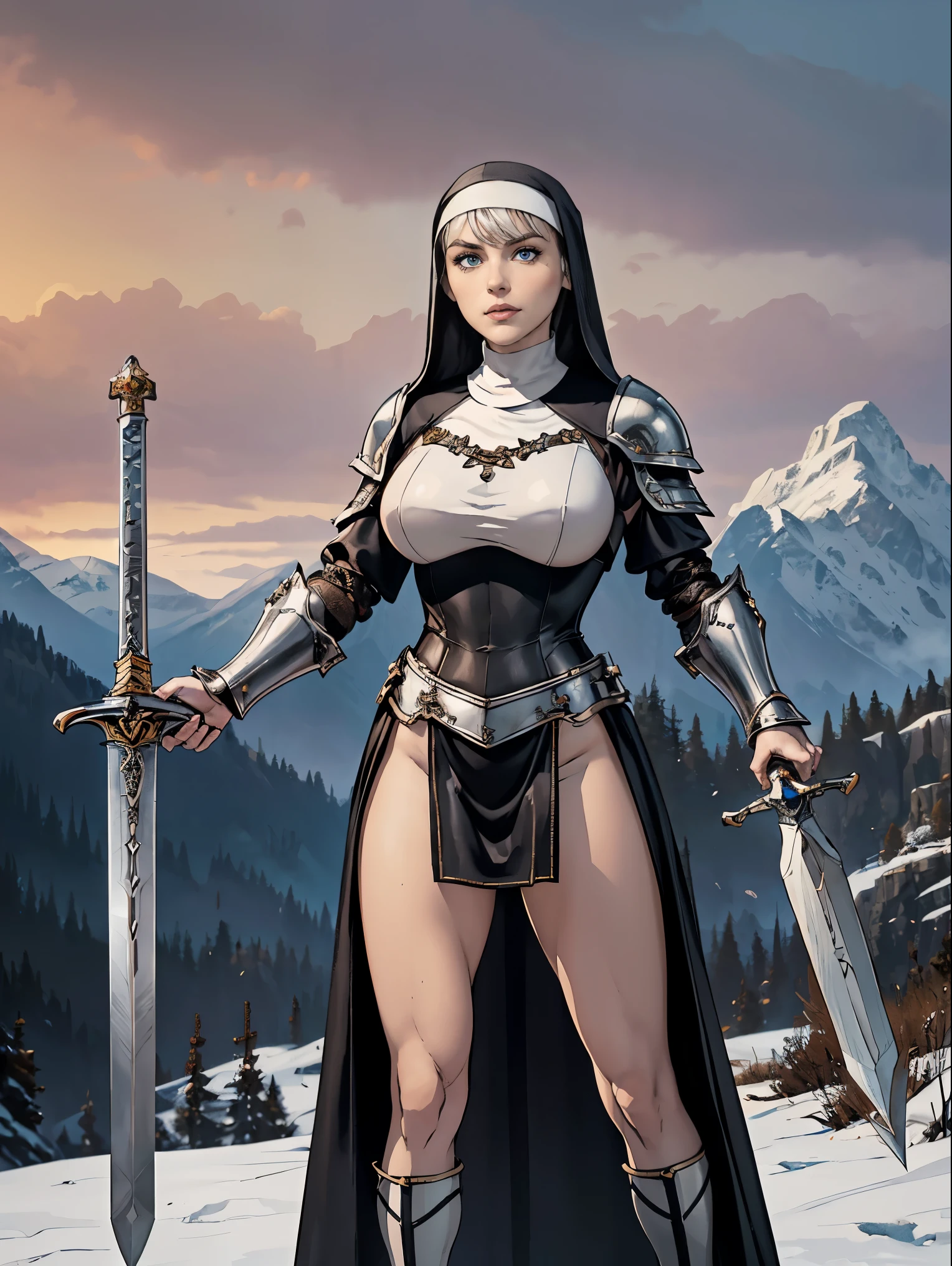 (masterpiece, top quality, best quality, official art, beautiful and aesthetic:1.2), (1girl:1.3), ((Sharp facial features, sharp features, hawkish features)), ((pale skin, blue eyes)), busty paladin knight girl, extremely detailed, portrait, looking at viewer, solo, (full body:0.6), detailed background, full-body shot, (warm mountain meadow theme:1.1), holy knight, (nun), charlatan, smirk, mysterious, swaying in mountains, armor, polished metal, gold trim, long boots, white fabric, pelvic curtain, robe, pale leather, ((((nun, greatsword, heavy armor, armored, long legs, pelvic curtain, toned, muscular)))), slim waist, slim hips, long legs, medieval (mountain exterior:1.1) background, dark mysterious lighting, shadows, magical atmosphere, dutch angle
