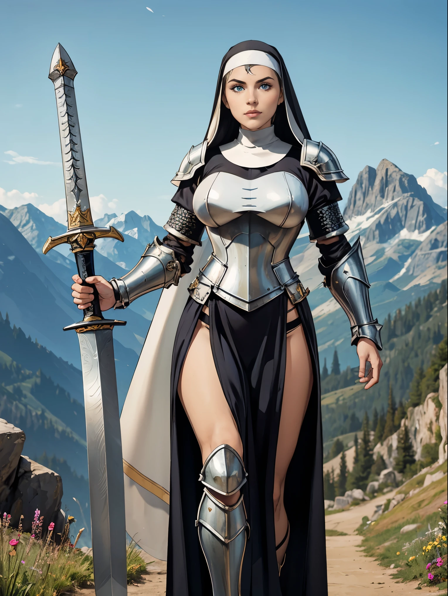 (masterpiece, top quality, best quality, official art, beautiful and aesthetic:1.2), (1girl:1.3), ((Sharp facial features, sharp features, hawkish features)), ((blue eyes)), busty paladin knight girl, extremely detailed, portrait, looking at viewer, solo, (full body:0.6), detailed background, full-body shot, (warm mountain meadow theme:1.1), holy knight, (nun), charlatan, smirk, mysterious, swaying in mountains, armor, polished metal, gold trim, long boots, white fabric, pelvic curtain, robe, pale leather, ((((nun, greatsword, heavy armor, armored, long legs, pelvic curtain, toned, muscular)))), slim waist, slim hips, long legs, medieval (mountain exterior:1.1) background, dark mysterious lighting, shadows, magical atmosphere, dutch angle