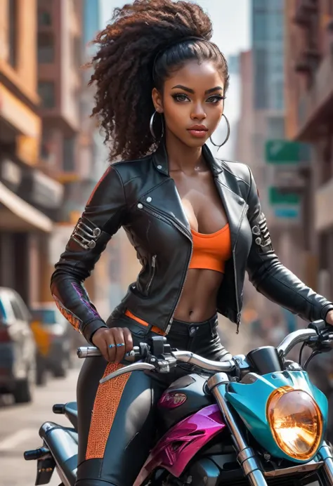 create a beautiful black woman, motorcycle rider. fitness clothing, neck chain, urban details, scenery of colorful, futuristic s...