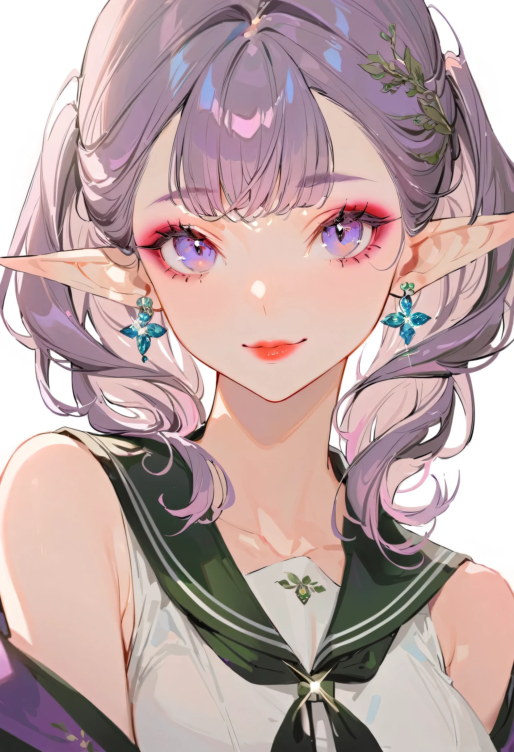 (best quality,ultra-detailed,highres:1.2),beautiful girl with flawless face,The cutest girl in the world,Exquisite makeup,purple eyes,makeup,eyelashes,lipstick,(tsurime:1.2),glint,seductive smile,serafuku,large breasts,purple hair,(elf:1.2),pointy ears,red eyeshadow