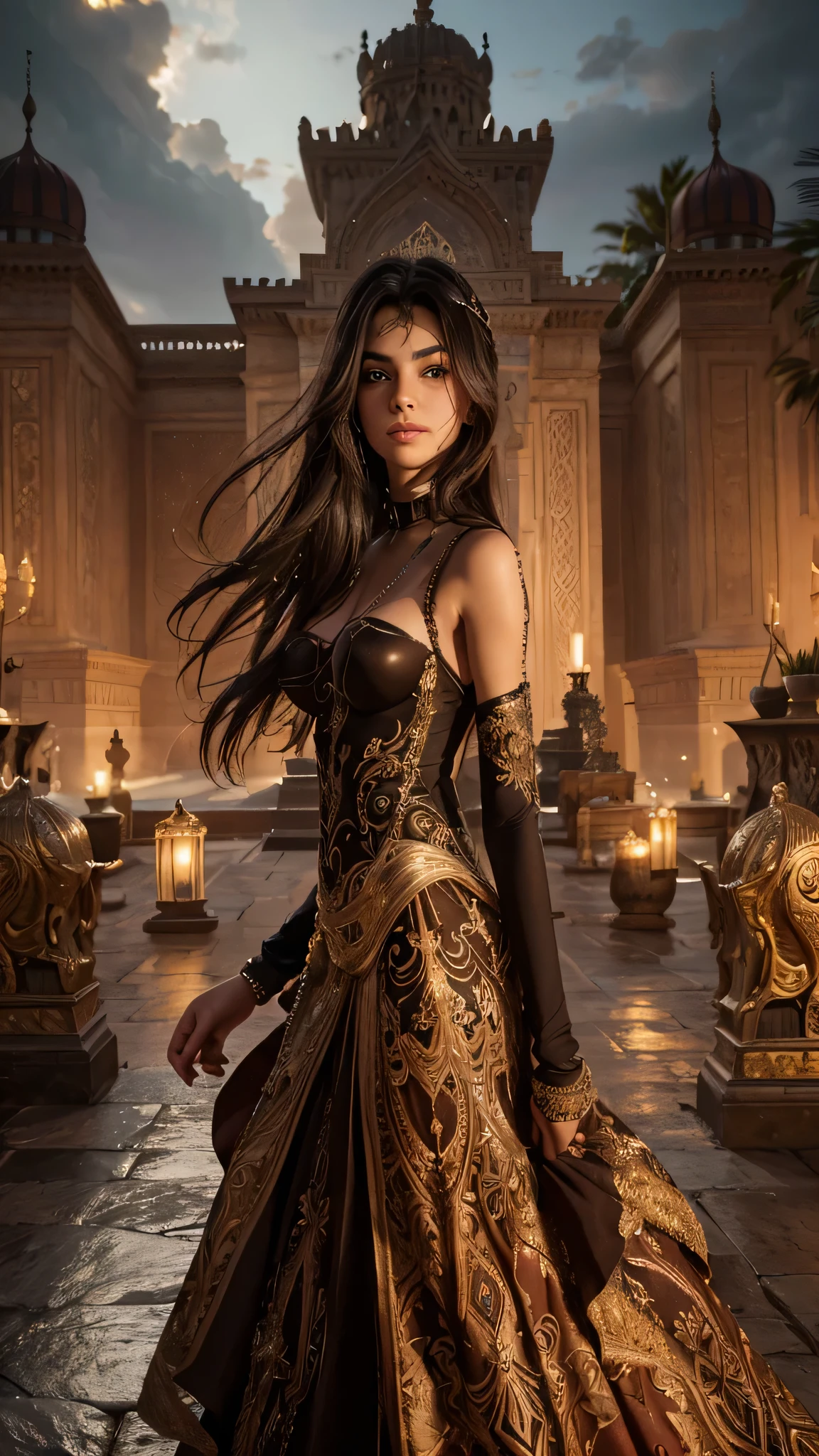 portrait, One exotic teenage Italian girl, who has the most beautiful face in the world,  (18 years old:1.3), stands in the grand hall of the Arabian palace. Her intricately designed gauntlets glint in the dim light, adorned with intricate and beautiful patterns. The garment covering her body is a complex and colorful biomechanical bodysuit, a testament to the advanced technology of her kingdom. Her slim and toned physique is accented by the fit of the suit, her moist skin appearing fresh and high freshness. Dark, thick eyebrows frame her beautiful, big purple eyes, which sparkle with an ecstatic expression. (beautiful hair:1.5) Her ultra-detailed eyEs, ultra realistic realism, high resolution, High freshness, drawing faithfully, official art, Unity 8K Wall paper, ultra detailed artistic photography, grabbing on her breasts by herself, (the most erotic photo in the world:1.4), ecstatic expression